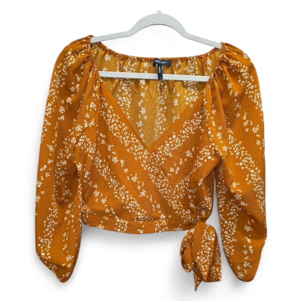 BCBG Women's Floral Wrap Crop Top Tie Front Balloon Sleeves Boho Cottagecore